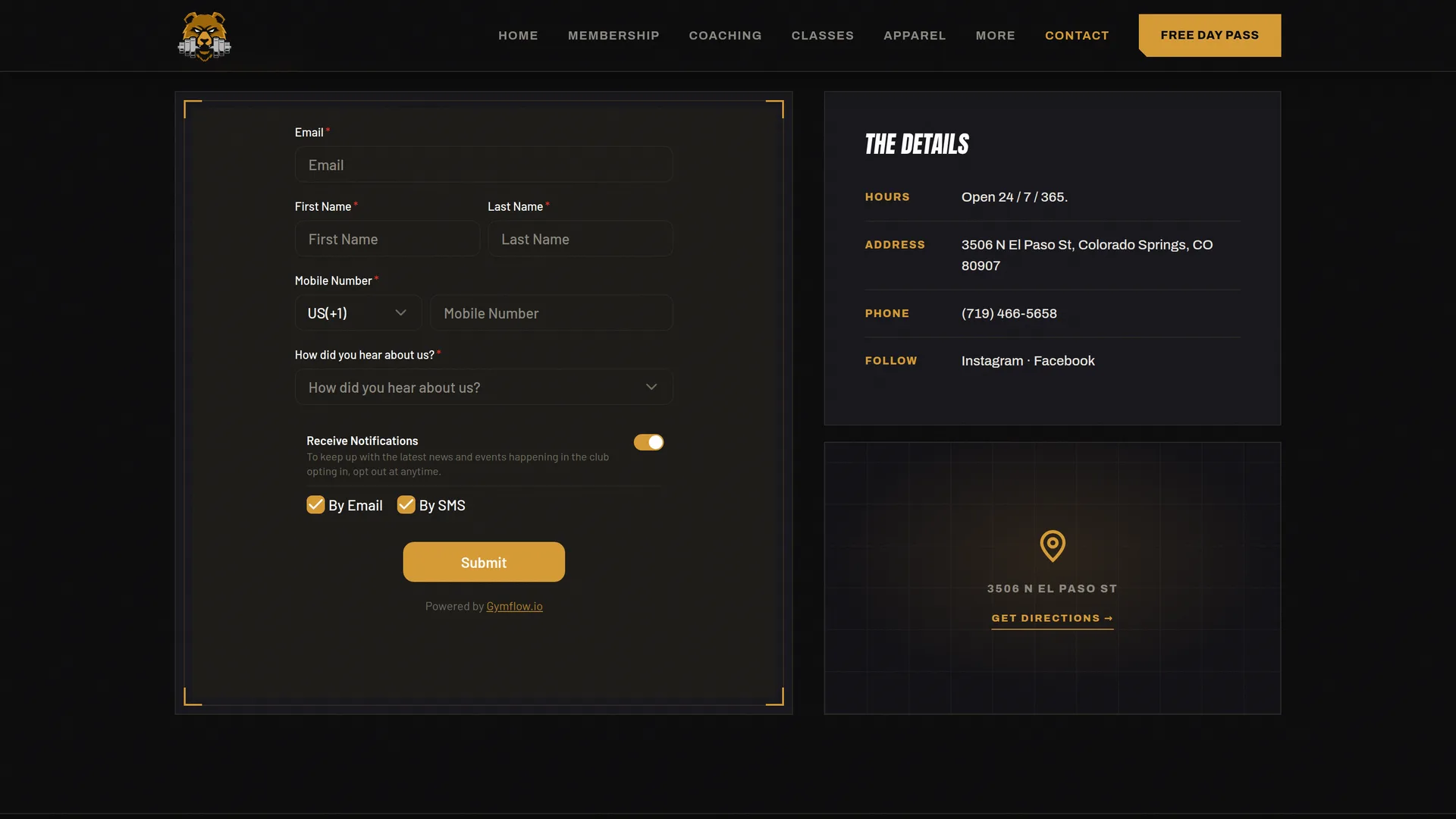The contact form and gym details