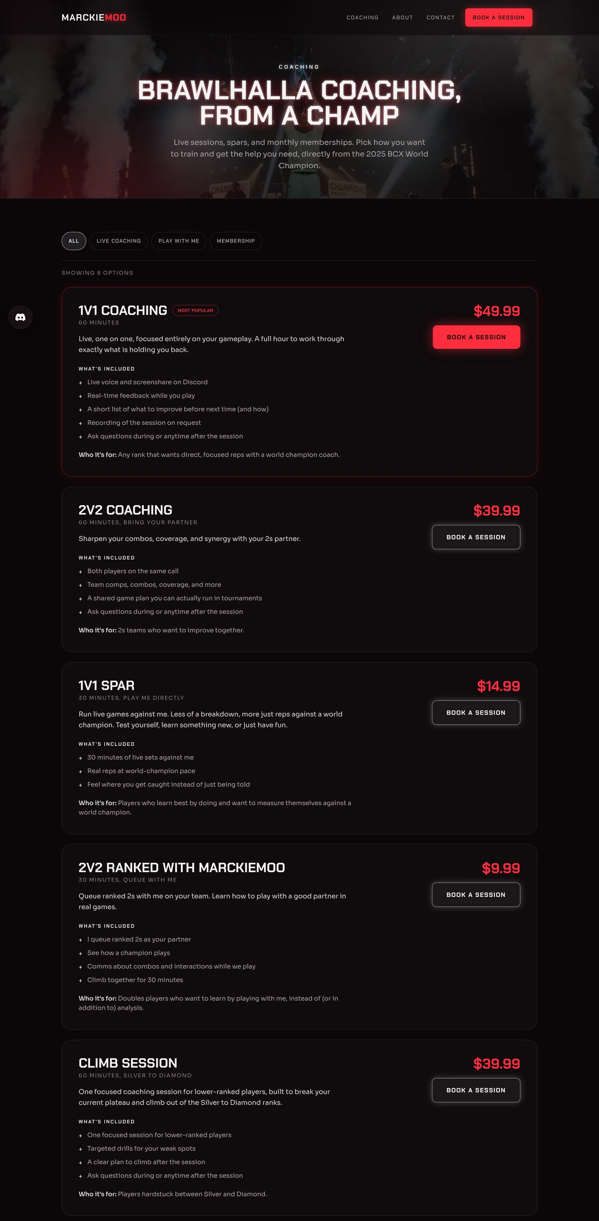 The coaching page, priced service by service