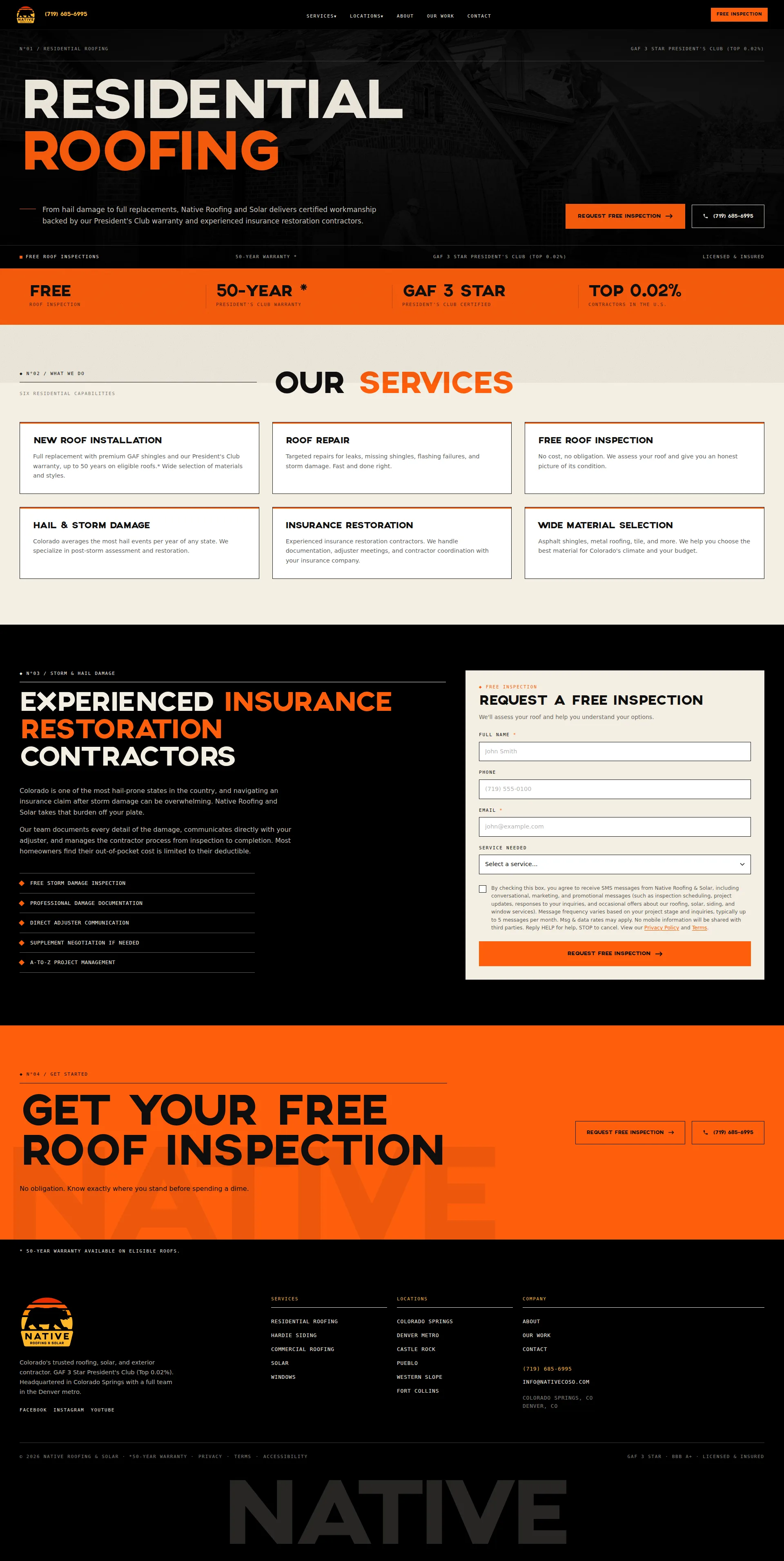The residential roofing page, top to bottom