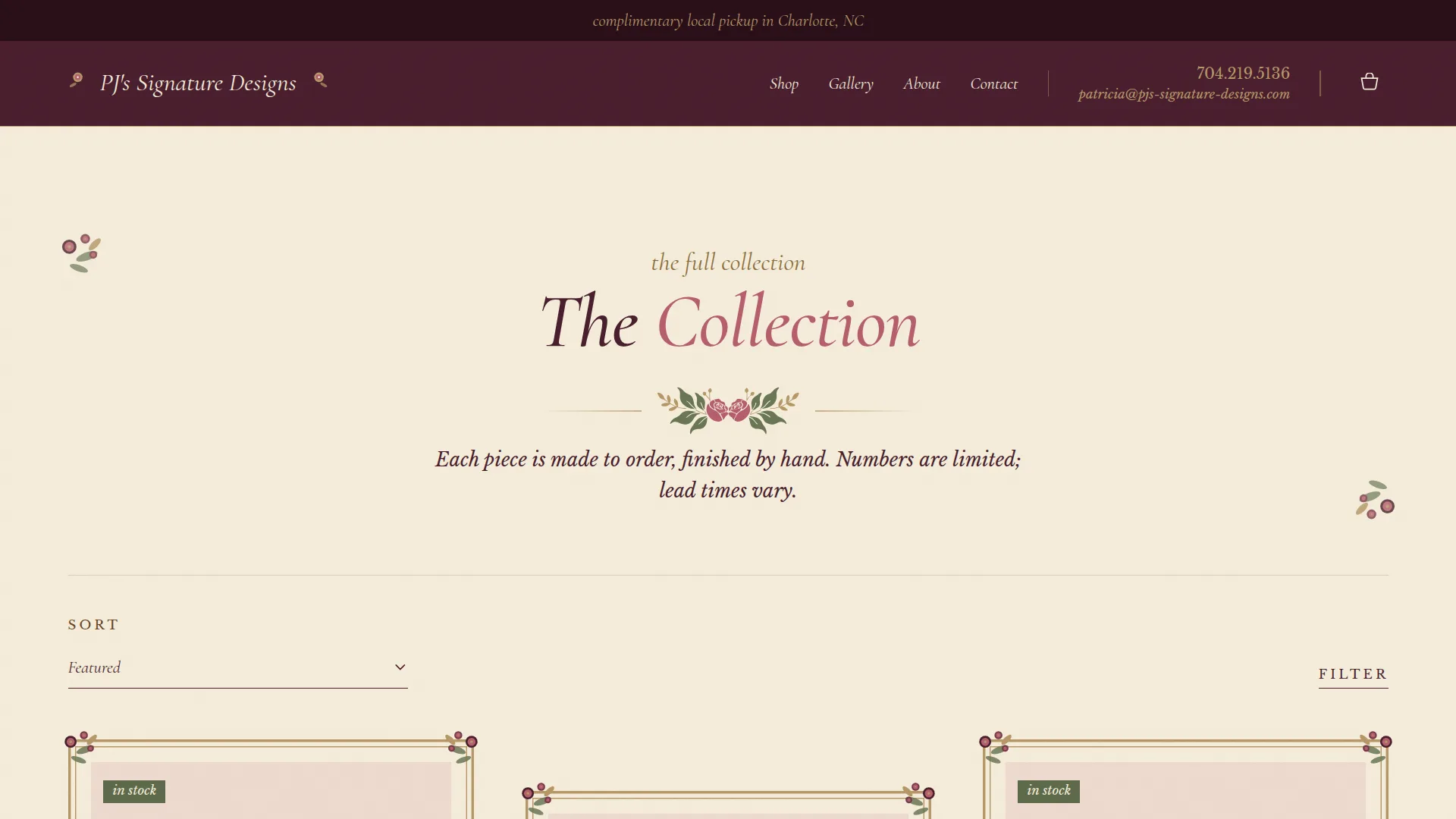 PJ's Signature Designs shop page